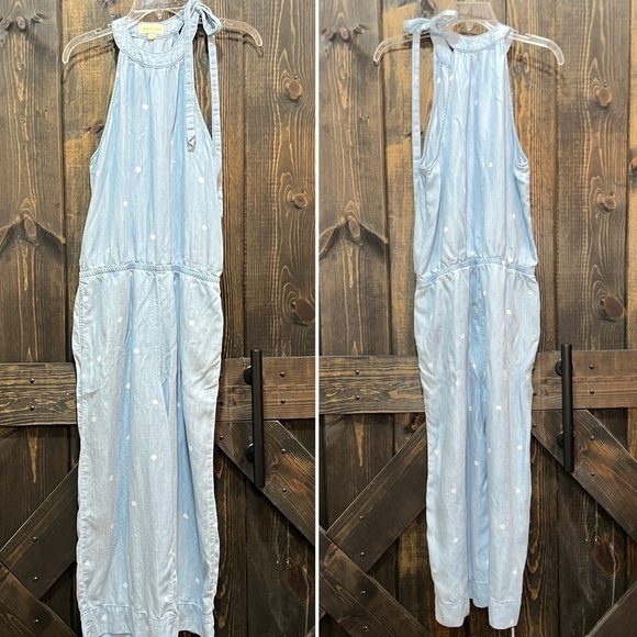 Anthropologie Cloth & Stone Jumpsuit M Denim Blue White Polka Dot Boho Wide Crop - Picture 1 of 14
